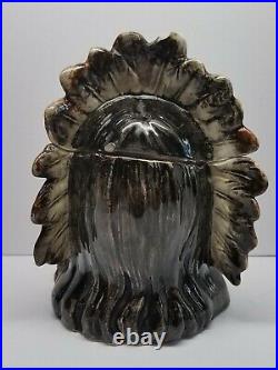 Indian Chief Headdress Majolica Humidor Art Pottery Ceramic Lidded Tobacco Jar