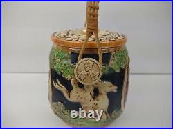 Ktw Co German Majolica Tobacco Jar Humidor With Lid And Handle Hunting biscuit