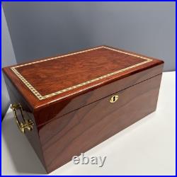Lacquered Brown Wood Decorative Wood Inlay Border Cigar Humidor Box Mahogany