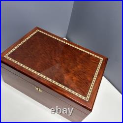 Lacquered Brown Wood Decorative Wood Inlay Border Cigar Humidor Box Mahogany