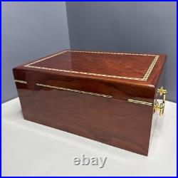 Lacquered Brown Wood Decorative Wood Inlay Border Cigar Humidor Box Mahogany