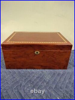 Lacquered Brown Wood With Decorative Wood Inlay Border Cigar Humidor Box With