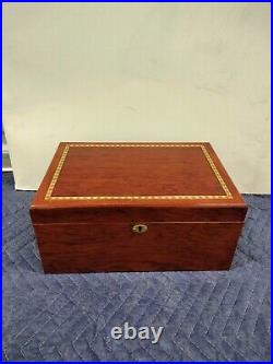 Lacquered Brown Wood With Decorative Wood Inlay Border Cigar Humidor Box With
