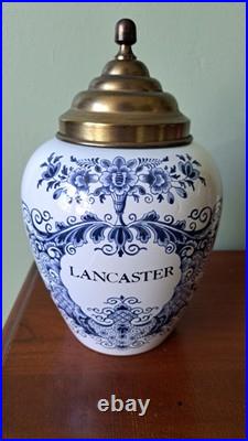 Lancaster PA Delft Royal Goedewaaggen Holland Tobacco Jar Brass Lid Demuth VTG