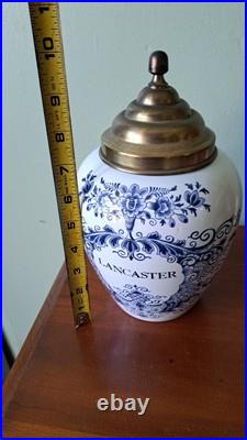 Lancaster PA Delft Royal Goedewaaggen Holland Tobacco Jar Brass Lid Demuth VTG