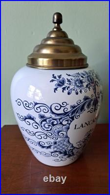 Lancaster PA Delft Royal Goedewaaggen Holland Tobacco Jar Brass Lid Demuth VTG