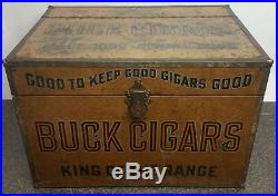 Large Antique BUCK CIGAR Humidor Chest, Tin & Wood, RARE Trunk, King Of The Range