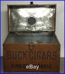 Large Antique BUCK CIGAR Humidor Chest, Tin & Wood, RARE Trunk, King Of The Range