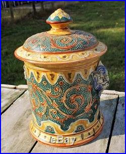 Large Antique Tobacco Jar Humidor Ceramic Dragon Head Handles Stunning