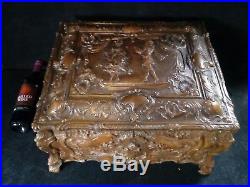 Large Locking Antique Relief Carved Walnut cedar veneer lined Cigar Humidor Box