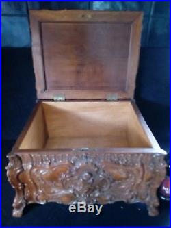 Large Locking Antique Relief Carved Walnut cedar veneer lined Cigar Humidor Box