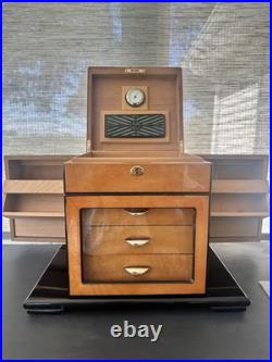 Large Wood Cigar Humidor Cabinet Hygrometer 3-Drawer Storage Box with Glass Door