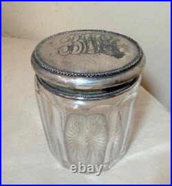 Large antique hand monogrammed silver-plate crystal glass tobacco jar humidor Large antique hand monogrammed silver-plate crystal glass tobacco jar humidor