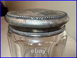 Large antique hand monogrammed silver-plate crystal glass tobacco jar humidor Large antique hand monogrammed silver-plate crystal glass tobacco jar humidor