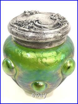 Loetz Iridized Glass Humidor Jar & Lid Antique Reverse Teardrop Art Nouveau Flaw
