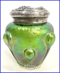 Loetz Iridized Glass Humidor Jar & Lid Antique Reverse Teardrop Art Nouveau Flaw