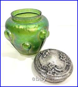 Loetz Iridized Glass Humidor Jar & Lid Antique Reverse Teardrop Art Nouveau Flaw
