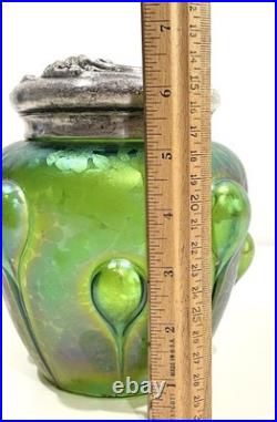 Loetz Iridized Glass Humidor Jar & Lid Antique Reverse Teardrop Art Nouveau Flaw