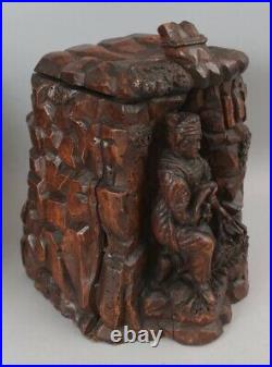 Lrg Antique Hand Carved Black Forest Pipe Tobacco Humidor w Match holder