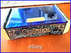 MCM 1960's Blue Glass Top Table Humidor/ Cigarette Box Marked CIGARROS RARE