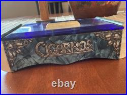 MCM 1960's Blue Glass Top Table Humidor/ Cigarette Box Marked CIGARROS RARE
