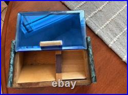 MCM 1960's Blue Glass Top Table Humidor/ Cigarette Box Marked CIGARROS RARE