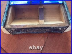 MCM 1960's Blue Glass Top Table Humidor/ Cigarette Box Marked CIGARROS RARE