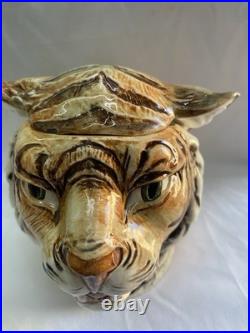 Majolica Ceramic Tiger Head Humidor Jar Hand Painted Austrian Antique
