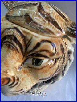 Majolica Ceramic Tiger Head Humidor Jar Hand Painted Austrian Antique