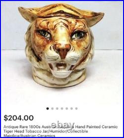 Majolica Ceramic Tiger Head Humidor Jar Hand Painted Austrian Antique
