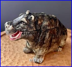 Majolica Hippo Tobacco Humidor Jar Caddy Vintage Antique