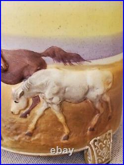 NIPPON FOOTED HUMIDOR TOBACCO JAR with LID ANTIQUE HAND-PAINTED 3D MORIAGE HORSES