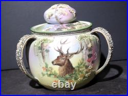 Nippon 3 Handled Porcelain Humidor Stag with Moriage Decoration