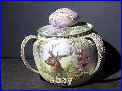 Nippon 3 Handled Porcelain Humidor Stag with Moriage Decoration