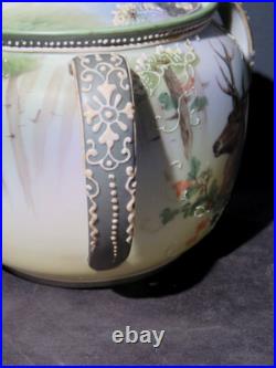 Nippon 3 Handled Porcelain Humidor Stag with Moriage Decoration