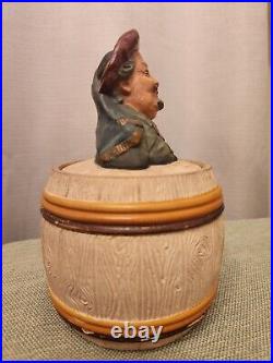 Old 1800s Terracotta Humidor Signed JM Johann Maresch German Man In Barrel