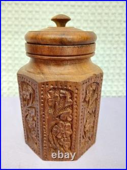 Old Hand Carved Himalayan Sheesham Wood Pipe Tobacco Cigar Humidor Jar Canister