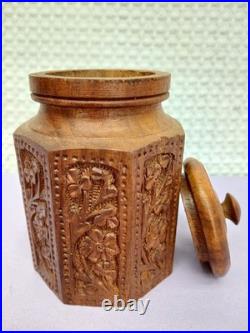 Old Hand Carved Himalayan Sheesham Wood Pipe Tobacco Cigar Humidor Jar Canister
