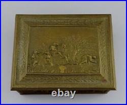 Ornate Brass Bronze Humidor Box Wooden Interior Agricultural Scenes Late 1800s