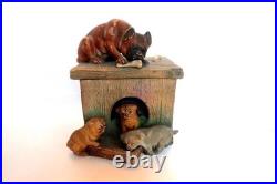 Outstanding Terracotta Pug/Bulldog Dog withPuppies Small Tobacco Humidor/Box Antiq