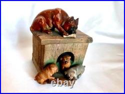 Outstanding Terracotta Pug/Bulldog Dog withPuppies Small Tobacco Humidor/Box Antiq