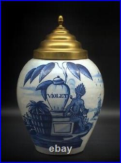 PERFECT antique Dutch 18th C blue & white VOC Tobacco Jar w. Brass cover Violet