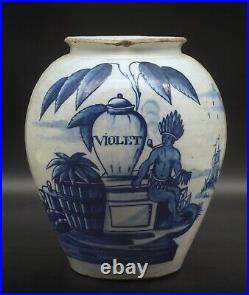 PERFECT antique Dutch 18th C blue & white VOC Tobacco Jar w. Brass cover Violet