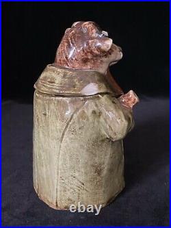 PIPE SMOKING BULL Tobacco Jar Antique AUSTRIAN MAJOLICA Pottery Humidor, c. 1895