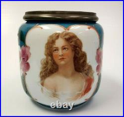 Porcelain 5 3/4 Victorian Lady & Floral Tobacco Jar Pipe Humidor or Biscuit Jar