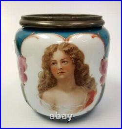 Porcelain 5 3/4 Victorian Lady & Floral Tobacco Jar Pipe Humidor or Biscuit Jar
