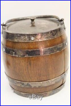 Porcelain Lined Oak Barrel Humidor Tobacco Jar EPNS Silverplated Bands Shield 6
