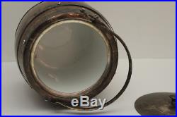 Porcelain Lined Oak Barrel Humidor Tobacco Jar EPNS Silverplated Bands Shield 6