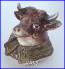 Pretty/Old Majolica Tobacco Humidor Bull with Pipe & Umbrella in Green Overcoat