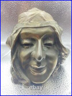 RARE UNIQUE Vintage Bronze WOMAN'S HEAD Tobacco Jar / Humidor